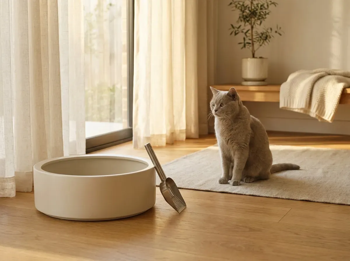 A grey British shorthair cat sitting beside a clean modern litter tray with a stainless steel scoop on warm wood flooring