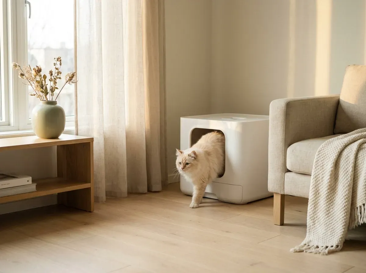 A fluffy cream cat stepping out of an enclosed litter box onto a spotless pale wood floor with no scattered litter granules