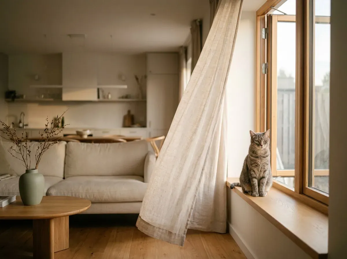 A grey tabby cat sitting on a sunlit wooden window ledge beside an open window with a linen curtain drifting in fresh air, in a clean open-plan living room