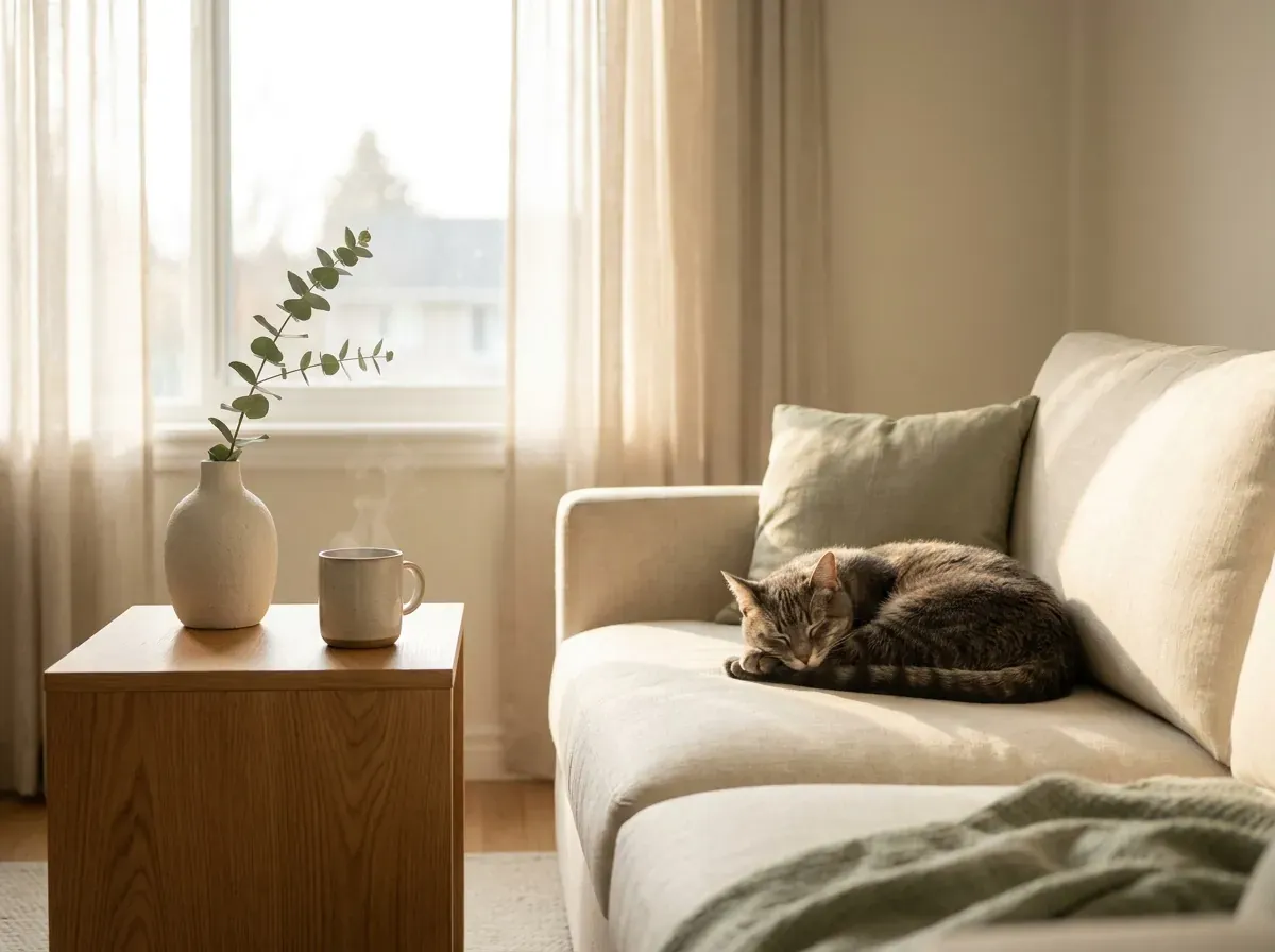 A tabby cat sleeping on a cream sofa next to a sprig of fresh eucalyptus, in a fragrance-free, airy living room